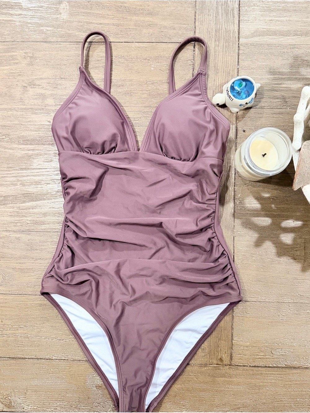 Brown One-Piece Swimsuit with Ruched Sides